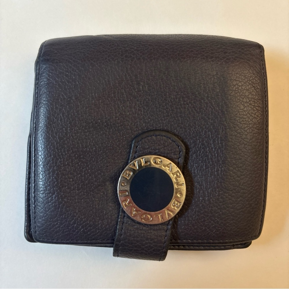 BVLGARI Leather Bifold Wallet Blue Silver Hardware Zip Unisex Mens Womens Auth.